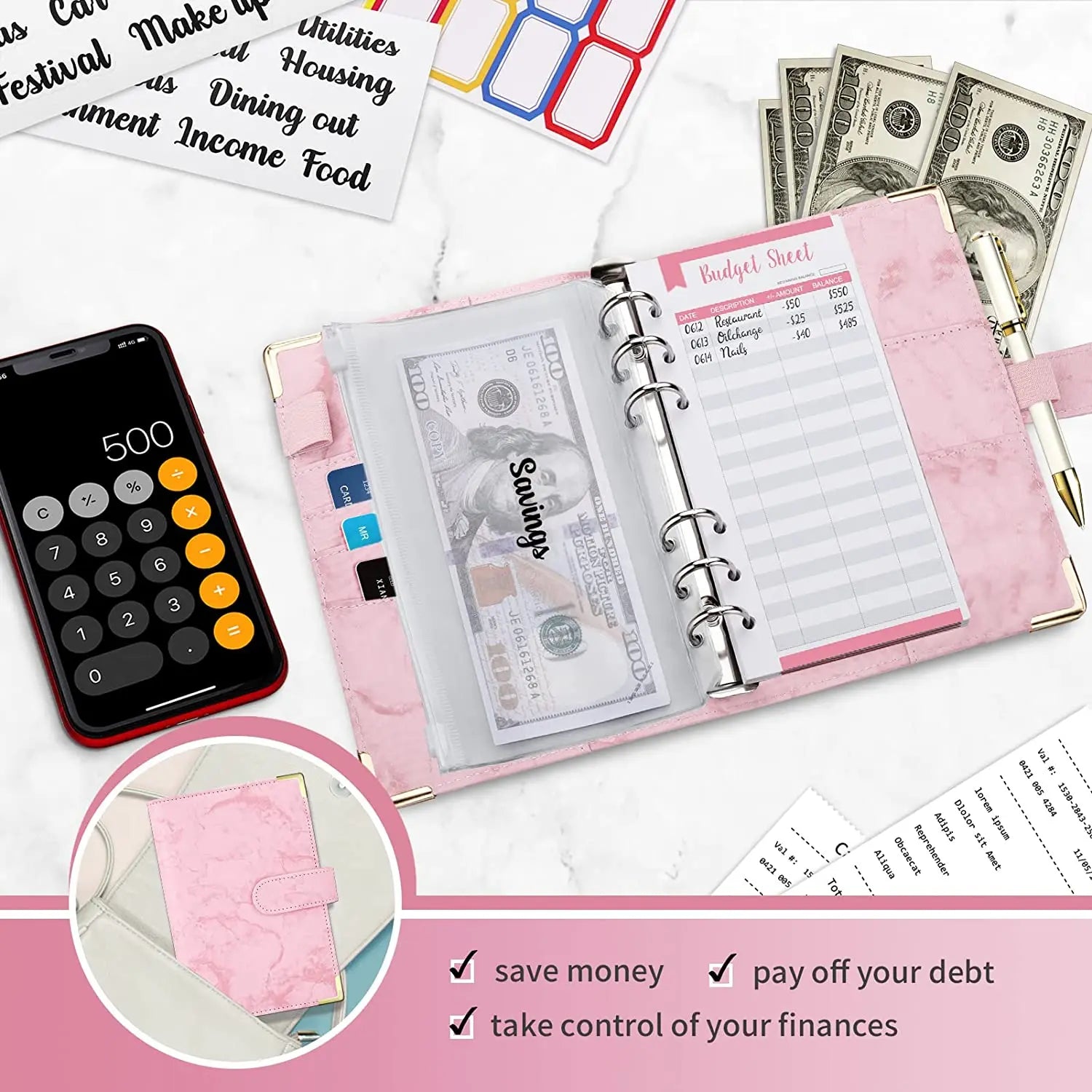 A6 Money Saving Organizer: PU Leather Budget Binder & Marble Notebook - Image 5