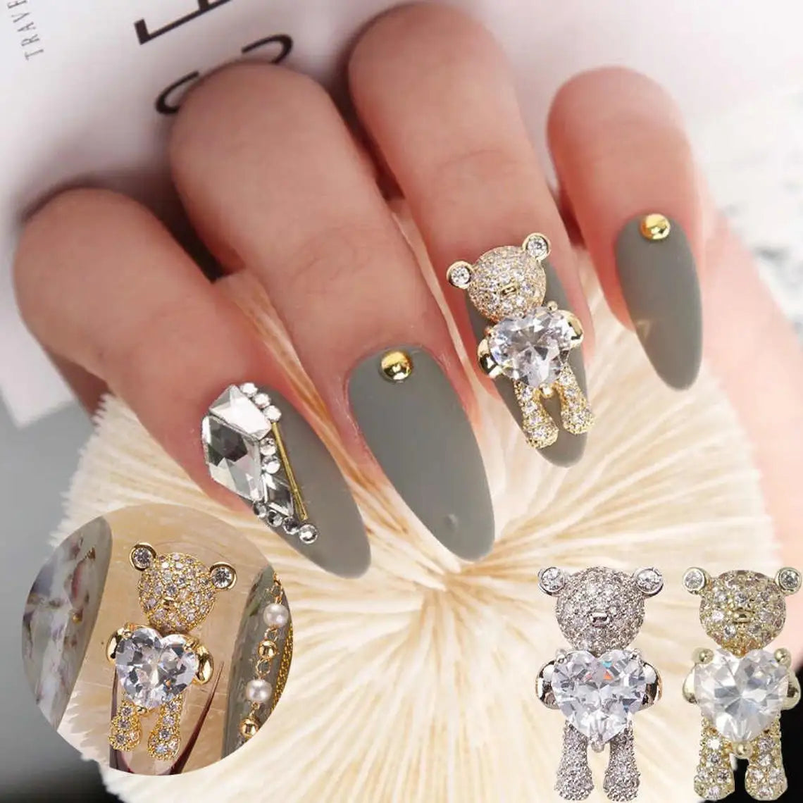 10Pcs Kawaii Cartoon Bear Rhinestone Nail Charms - Image 3
