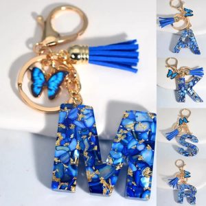 Blue Glazed A-Z Initial Keychain with Butterfly Tassel Pendant – Fashion Gift